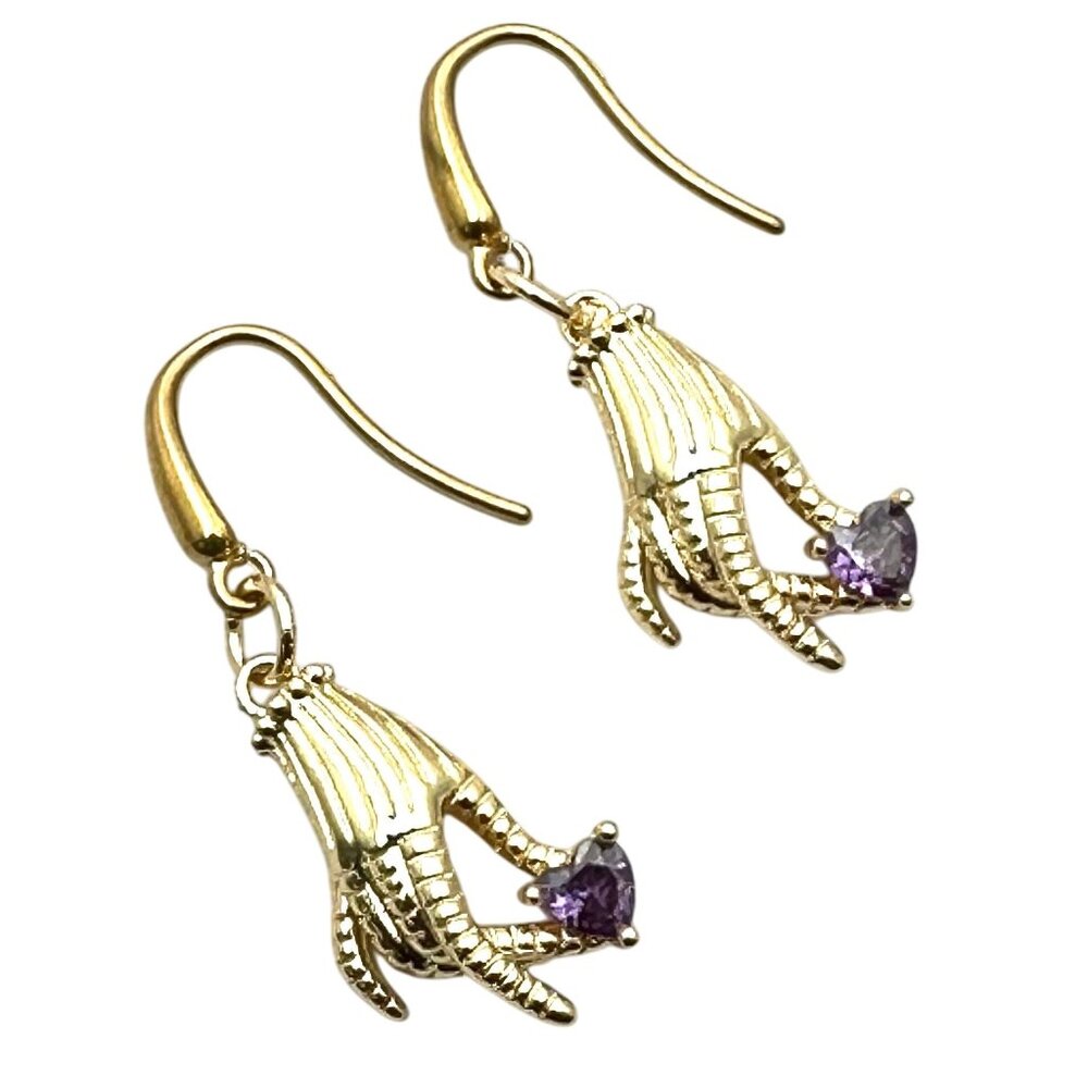 18K Gold Plated Ladies Hand Holding Purple Heart Crystal Earrings Pierced